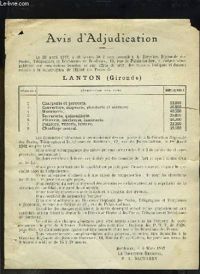 1 Affiche d'un Avis d'Adjucation, le 24 mars 1942,  la construction de l'Htel des Postes de Lanton (Gironde)