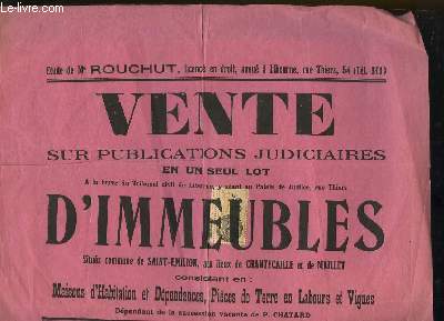 1 Affiche de la Vente sur Publications Judiciaires d'Immeubles situs commune de Saint-Emilionn, aux lieux de Chantecaille et de Maillet.