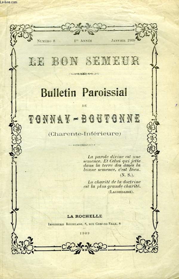 Le Bon Semeur N8 - 1re anne. Bulletin Paroissial de Tonnay-Boutonne (Charente-Infrieure)