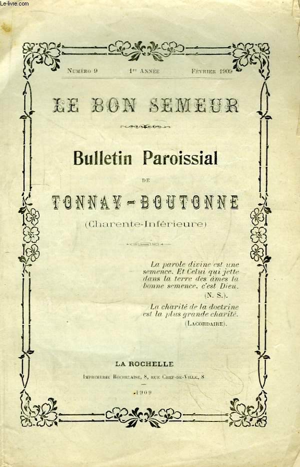 Le Bon Semeur N9 - 1re anne. Bulletin Paroissial de Tonnay-Boutonne (Charente-Infrieure)