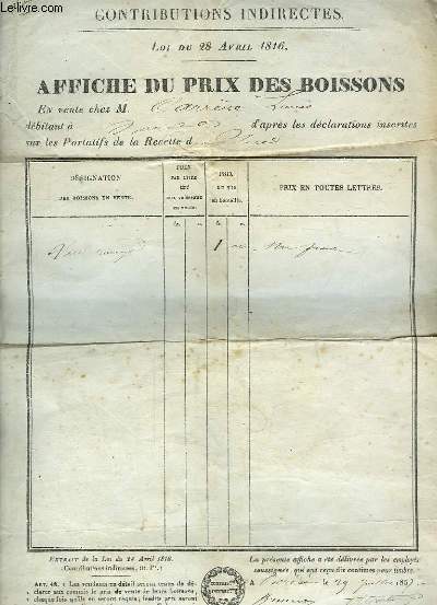 Affiche du Prix des Boissons : Vin rouge en vente chez Louis Carrre dbitant. Contributions Indirectes. Loi du 28 avril 1816