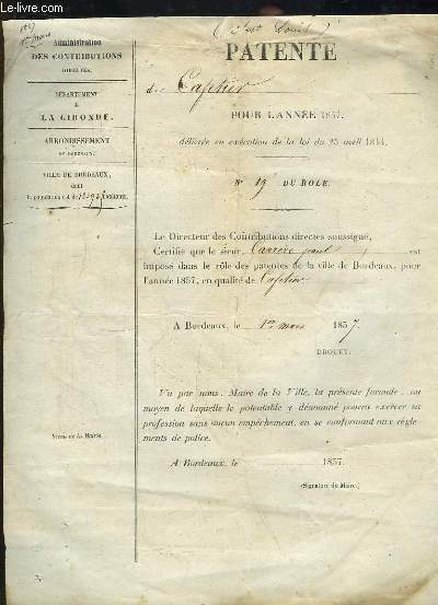 Une Patente de Cafetier, pour l'anne 1857 Affiche d'un 