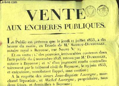 Affiche d'une Vente aux Enchres Publiques des Maisons et Biens du Criq, situ  Saint-Jean-de-Marsacq, arrondissement de Dax.