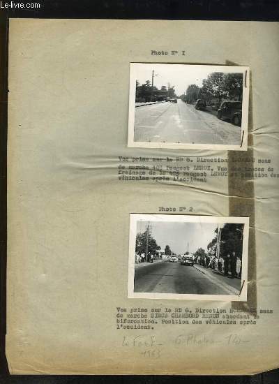 6 Photographies originales, en noir et blanc, prises lors d'un accident entre une 403 Peugeot Leroy et la Simca Chambord Renon,  La Fort