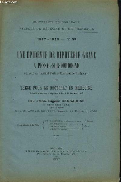 Une Epidermie de Diphtrie Grave  Pessac-sur-Dordogne. Thse pour le Doctorat en Mdecine N33
