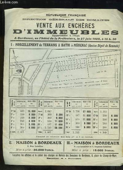 1 affiche de la Vente aux Enchres d'Immeubles appartenant  l'Etat : Morcellement de terrains  batir  Mrignac (Ancien Dpt de Remonte)