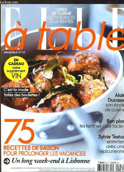 Elle  Table N66 : 75 recettes de saison pour prolonger les vacances - C'est la mode faites des boulettes - Alain Ducasse, son cole de cuisine - Sylvie Testud, entretien avec une picurienne - Les terrines c'est facile ...