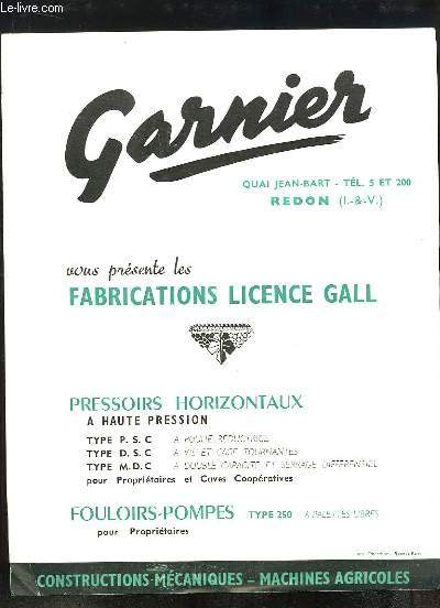 1 brochure publicitaire des Etablissments Garnier, de Redon : Pressoirs Horizontaux, Fouloirs-Pompes type 250
