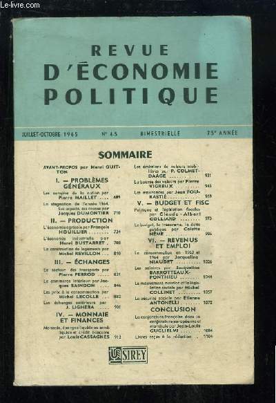 Revue d'Economie Politique N4 / 5 - 75e anne