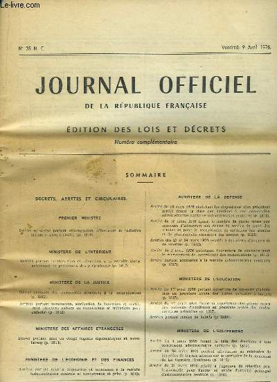Journal Officiel de la Rpublique Franaise. N35 N.C.. Edition des Lois et Dcrets, Numro complmentaire