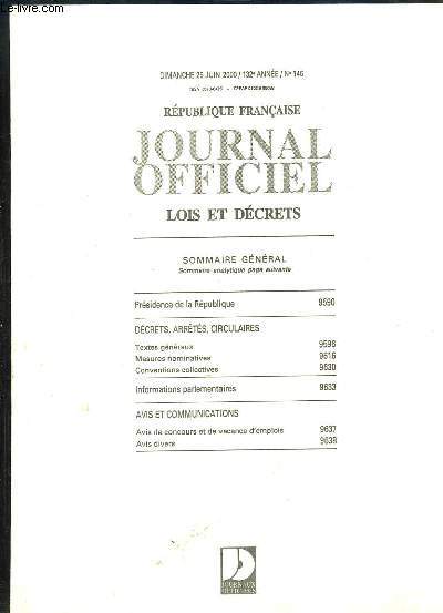 Journal Officiel de la Rpublique Franaise. Lois et Dcrets. N146 - 132e anne