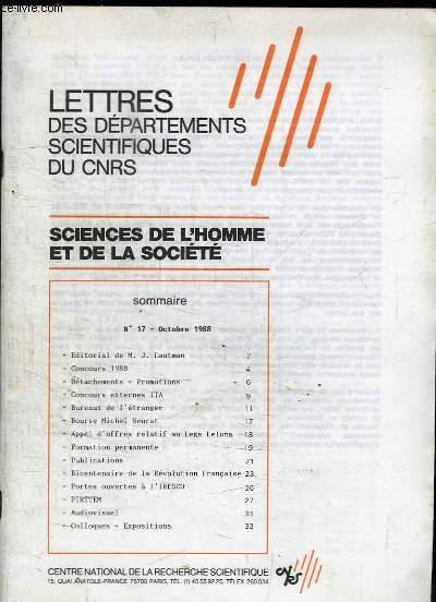 Lettres des dpartements scientifiques du CNRS. Sciences de l'homme et de la socit N17