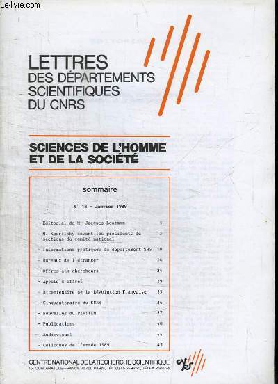 Lettres des dpartements scientifiques du CNRS. Sciences de l'homme et de la socit N18
