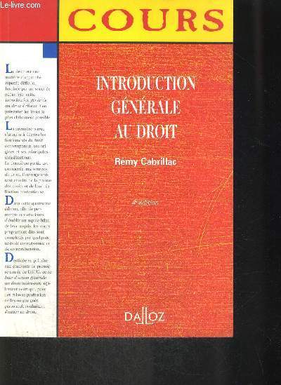 COURS - INTRODUCTION GENERALE AU DROIT - 4IEME EDITION