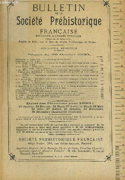 N10 T. XXX OCTOBRE 1933. BULLETIN DE LA SOCIETE PREHISTORIQUE FRANCAISE RECONNUE D UTILITE PUBLIQUE. SEANCE DU 26 OCTOBRE 1933.