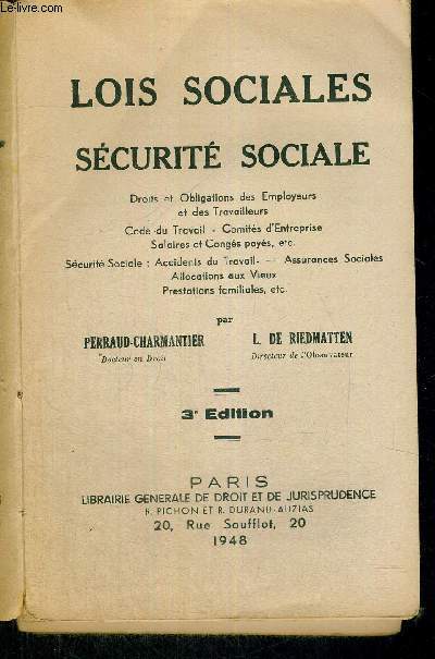 LOIS SOCIALES - SECURITE SOCIALE - 3E EDITION