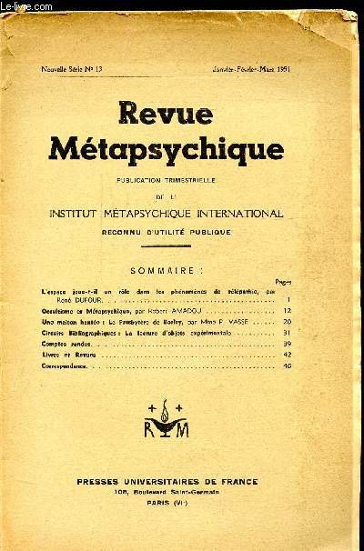 REVUE METAPSYCHIQUE-N13 NOUVELLE SERIE - JANVIER FEVRIER MARS 1951