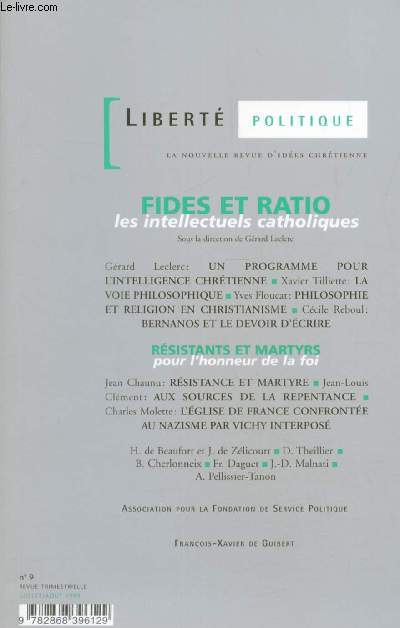 Libert polittique,la nouvelle revue d'ides chrtienne,fides et ratio les intellectuels catholiques