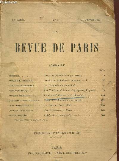 La revue de Paris 20e anne N 1. 1er janvier 1913