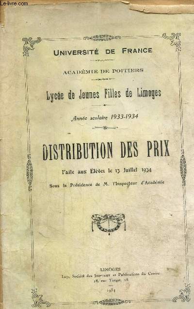 Lyce de jeunes filles de Limoges. Distribution des prix. Anne scolaire 1933-1934