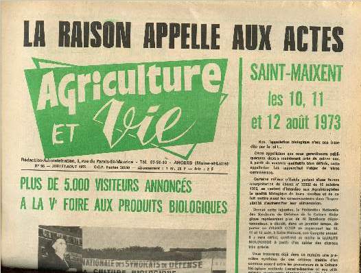 Agriculture et vie N96, juillet aout 1973 : La raison appelle aux actes, saint maixent les 10,11 et 12 aout 1973.
