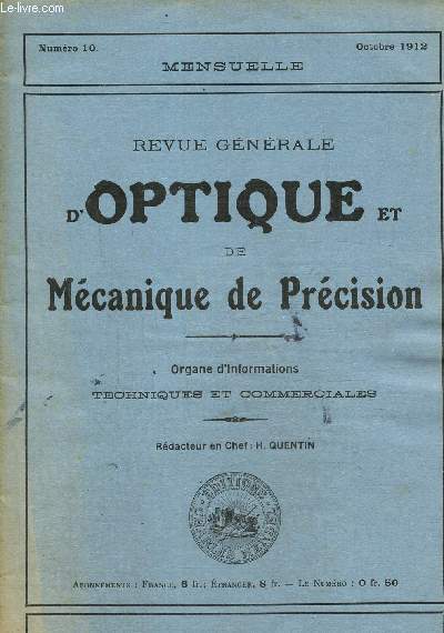 Revue gnrale d'optique et de mcanique de prcision N 10, octobre 1912-