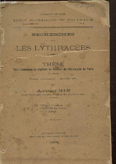 Thse : Recherches sur les lythraces - Universit de Paris, Ecole suprieure de pharmacie