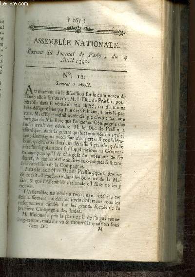 Extrait du Journal de Paris, du 4 Avril 1790 - N12 - Affaire de la Compagnie des Indes - Projet d'instruction pour les Colonies