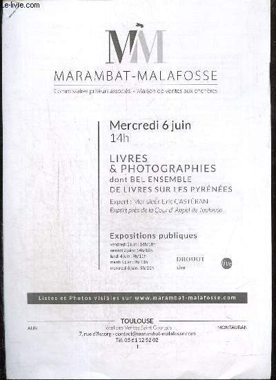 Catalogue de Marambat-Malafosse : Livres & photographies dont bel ensemble de livres sur les Pyrnes