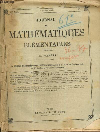 Journal de mathmatiques lmentaires, 61e anne, n1  20, du 1er octobre 1936 au 15 juillet 1937