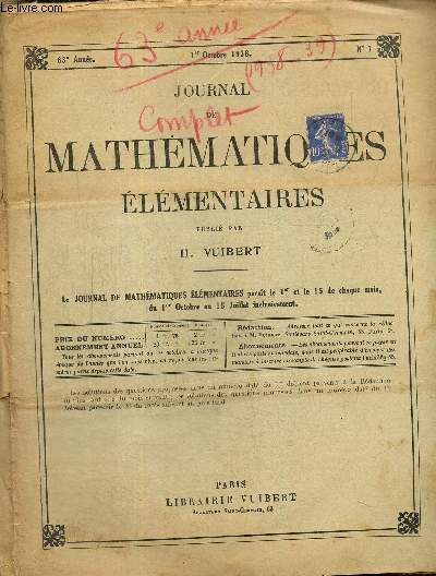 Journal de mathmatiques lmentaires, 63e anne, n1  20, du 1er octobre 1938 au 15 juillet 1939