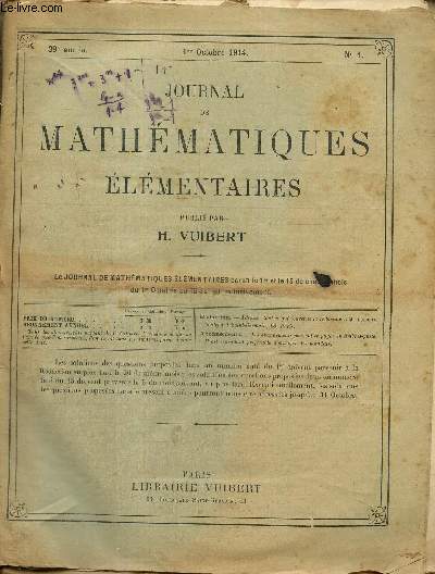 Lot de numros du Journal de mathmatiques lmentaires, 39e anne, n1  20, du 1er octobre 1914 au 15 juillet 1915