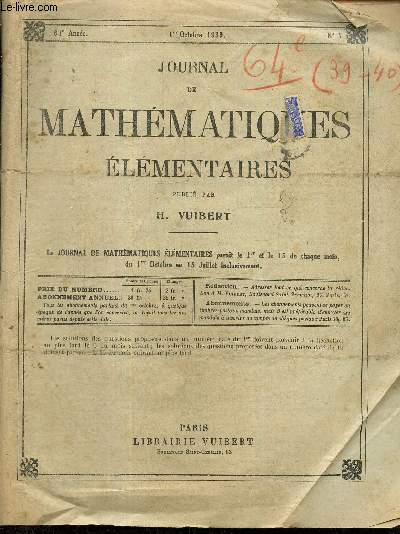 Lot de numros du Journal de mathmatiques lmentaires, 64e anne, n11  14, 16, 17 et 19-20, du 1er mars 1939 au 15 juillet 1940