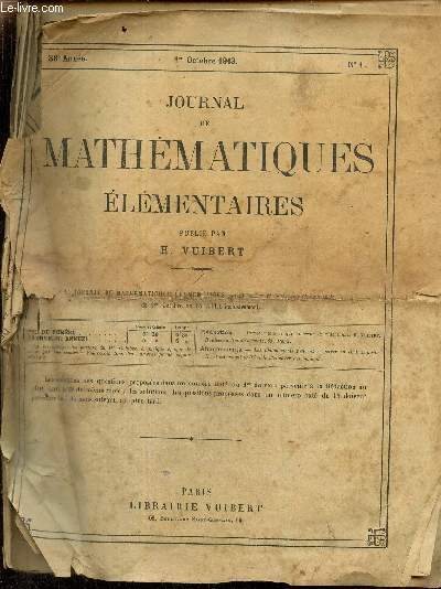 Journal de mathmatiques lmentaires, 38e anne, n1 (1er octobre 1913)