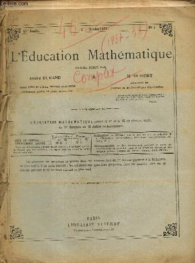 L'Education Mathmatique, 40e anne, n1  20, du 1er octobre 1937 au 15 juillet 1938