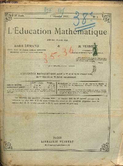 L'Education Mathmatique, 38e anne, 9 numros (n5, 8 et 14  20), du 1er dcembre 1935 au 15 juillet 1936