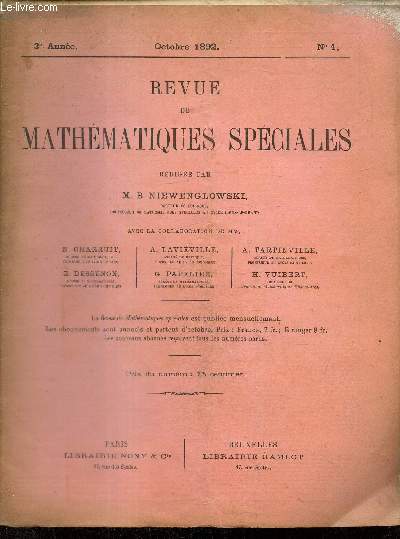 Revue de Mathmatiques Spciales, 3e anne, n1 (octobre 1892)