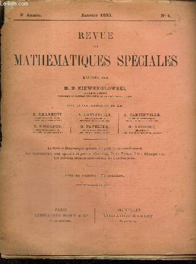 Revue de Mathmatiques Spciales, 3e anne, n4 (janvier 1893)