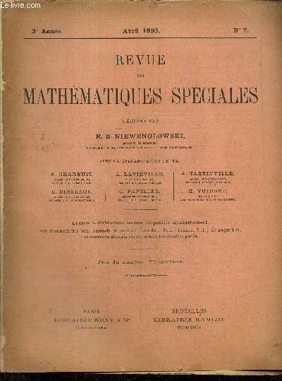 Revue de Mathmatiques Spciales, 3e anne, n7 (avril 1893)