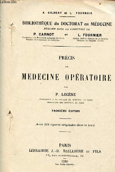 Prcis de mdecine opratoire - Collection Bibliothque du doctorat en mdecine - 3e dition.