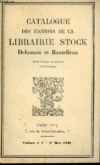 Catalogue des ditions de la librairie Stock. Delamaine et Boutelleau