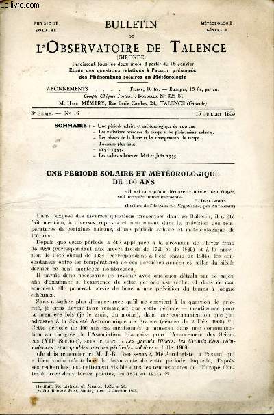 Bulletin de l'Observatoire de Talence (Gironde). Etude des questions relatives  l'action des phnomnes solaires en mtorologie