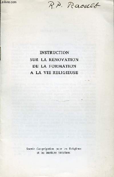 INSTRUCTION SUR LA RENOVATION DE LA FORMATION A LA VIE RELIGIEUSE.