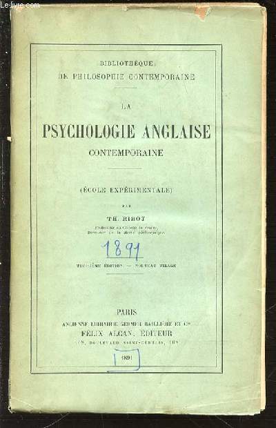 LA PSYCHOLOGIE ANGLAISE CONTEMPORAINE - BIBLIOTHEQUE DE PHILOSOPHIE CONTEMPORAINE.