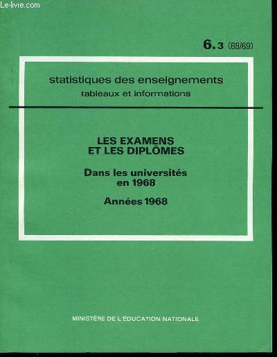 STATISTIQUES DES ENSEIGNEMENTS : TABLEAUX ET INFORMATIONS - LES EXAMENS ET LES DIPLOMES DANS LES UNIVERSITES EN 1968.