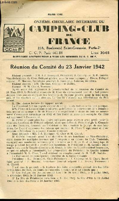 ONZIEME CIRCULAIRE INTERIEURE DU CAMPING-CLUB DE FRANCE - REUNION DU COMITE DU 23 JANVIER 1942.0