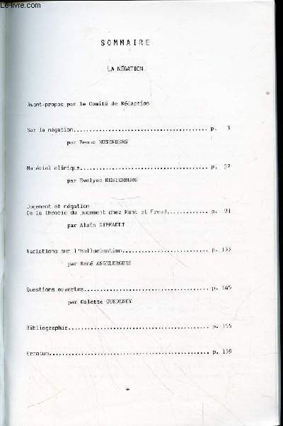 LES CAHIERS DU CENTRE DE PSYCHANALYSE ET DE PSYCHOTHERAPIE - LA NEGATION - N2 PRINTEMPS 1981