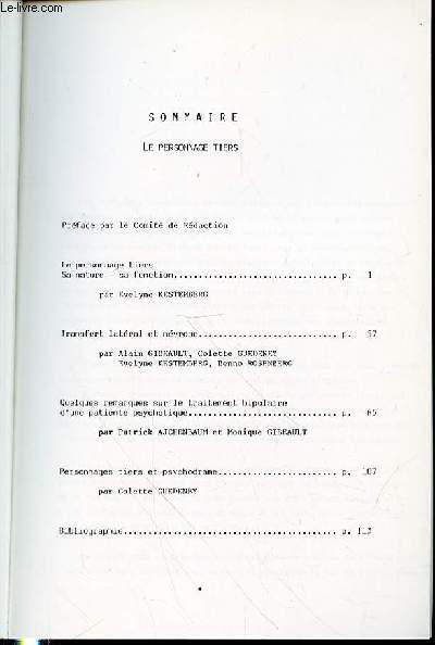 LES CAHIERS DU CENTRE DE PSYCHANALYSE ET DE PSYCHOTHERAPIE - LE PERSONNAGE TIERS -N 3 AUTOMNE 1981