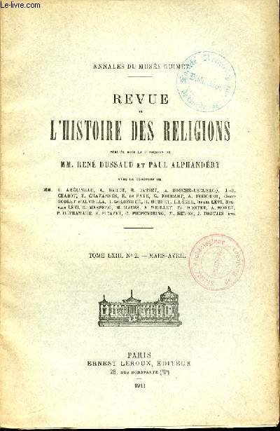 REVUE DE L'HISTOIRE DES RELIGIONS - TOME LXIII- N2