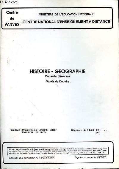 HISTOIRE - GEOGRAPHIE - CONSEILS GENERAUX - SUJETS DE DEVOIRS - REF C6502 DG 262